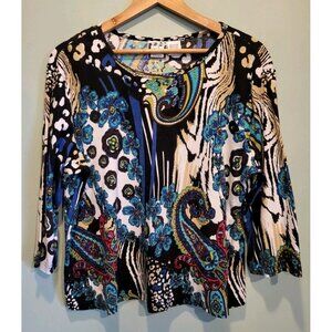 Vtg Take Two Blue Paisley Floral Sequin Artsy 3/4 Sleeve Top Sz XL